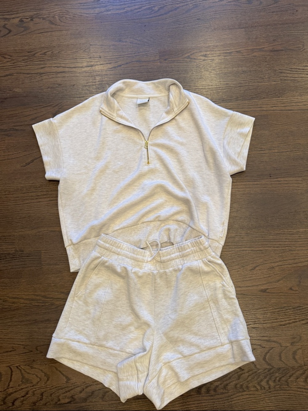 Varley Doublesoft ivory marl Short Sleeve Half-Zip Sweatshirt & Shorts Set